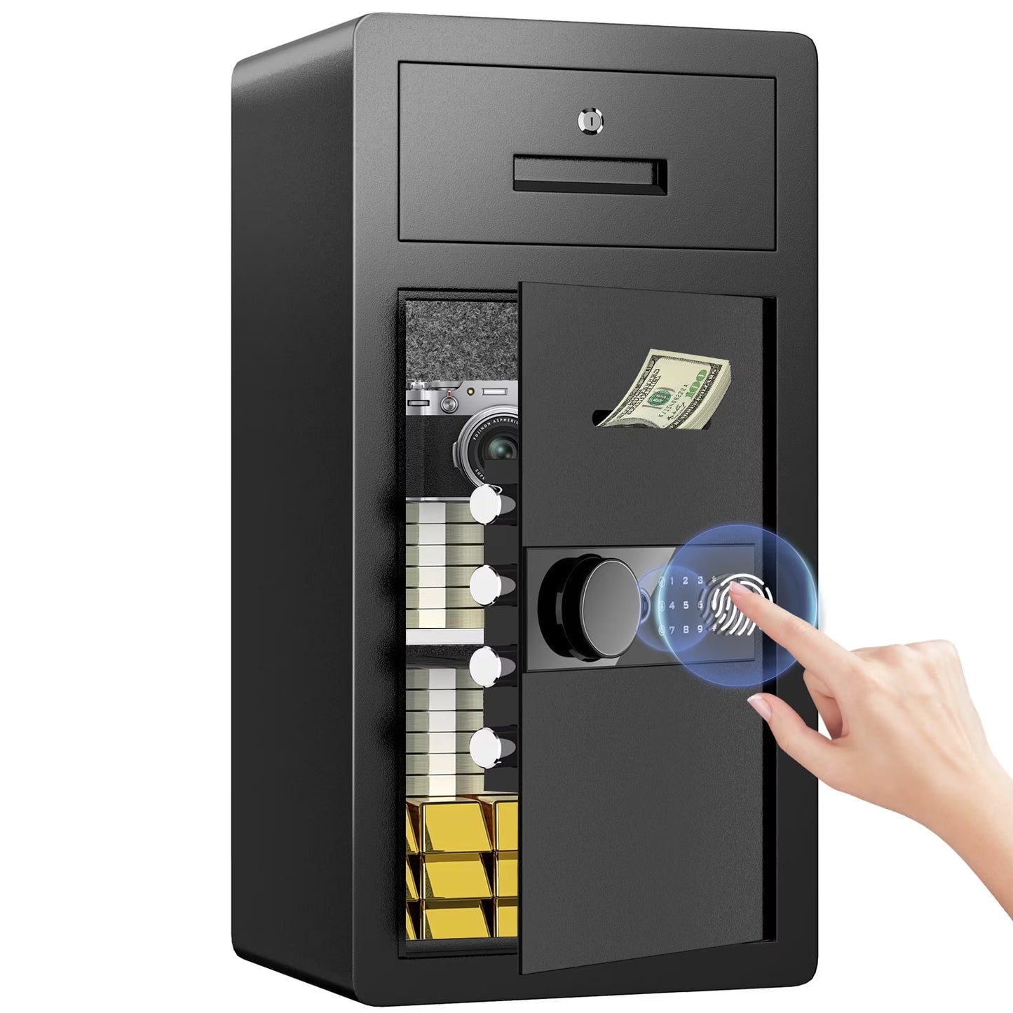 SDI-Y3C-80W 6.8 cu ft Extra Large Safe Box, Fingerprint Home Safe with Key, LCD Keypad & Hidden Compartment, Money Safe with Drawer & Jewerly Organizer for Home Office