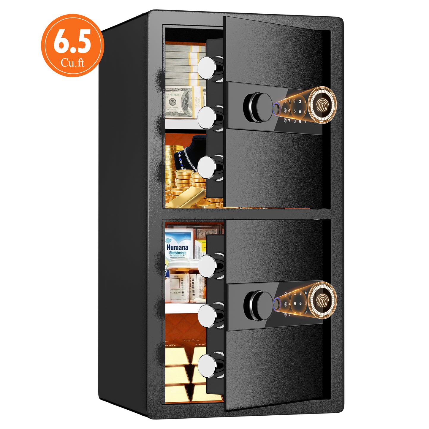 OME-Y3-75W Safe Box, Heavy Duty 2-Door Home Safe, 6.5 Cub Office Safe with Fingerprint Lock & Alarm System for Cash, Documents and Valuables