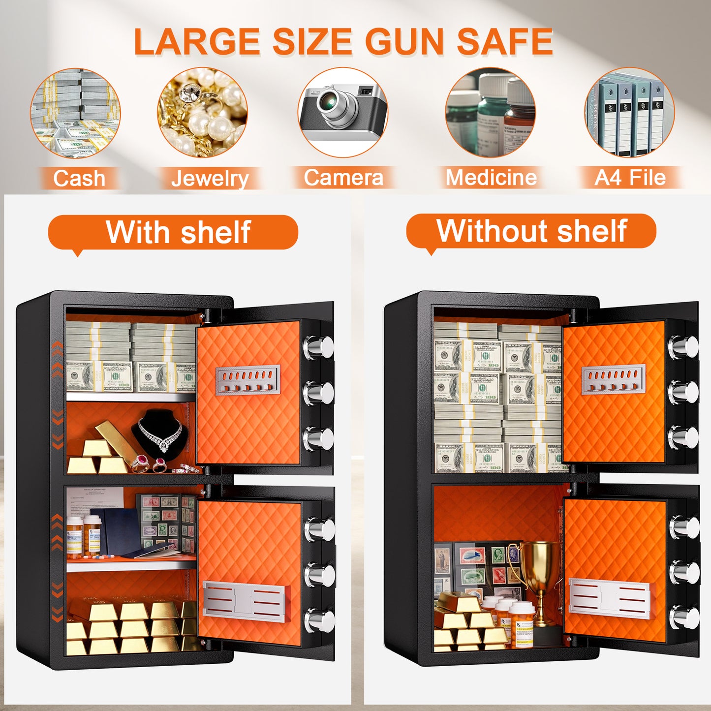 BM-Y3-75W-[2026 NEW] Heavy-Duty 2-Door Home Safe, 6.5 Cub Office Safe with Fingerprint Lock & Alarm System for Cash, Documents and Valuables