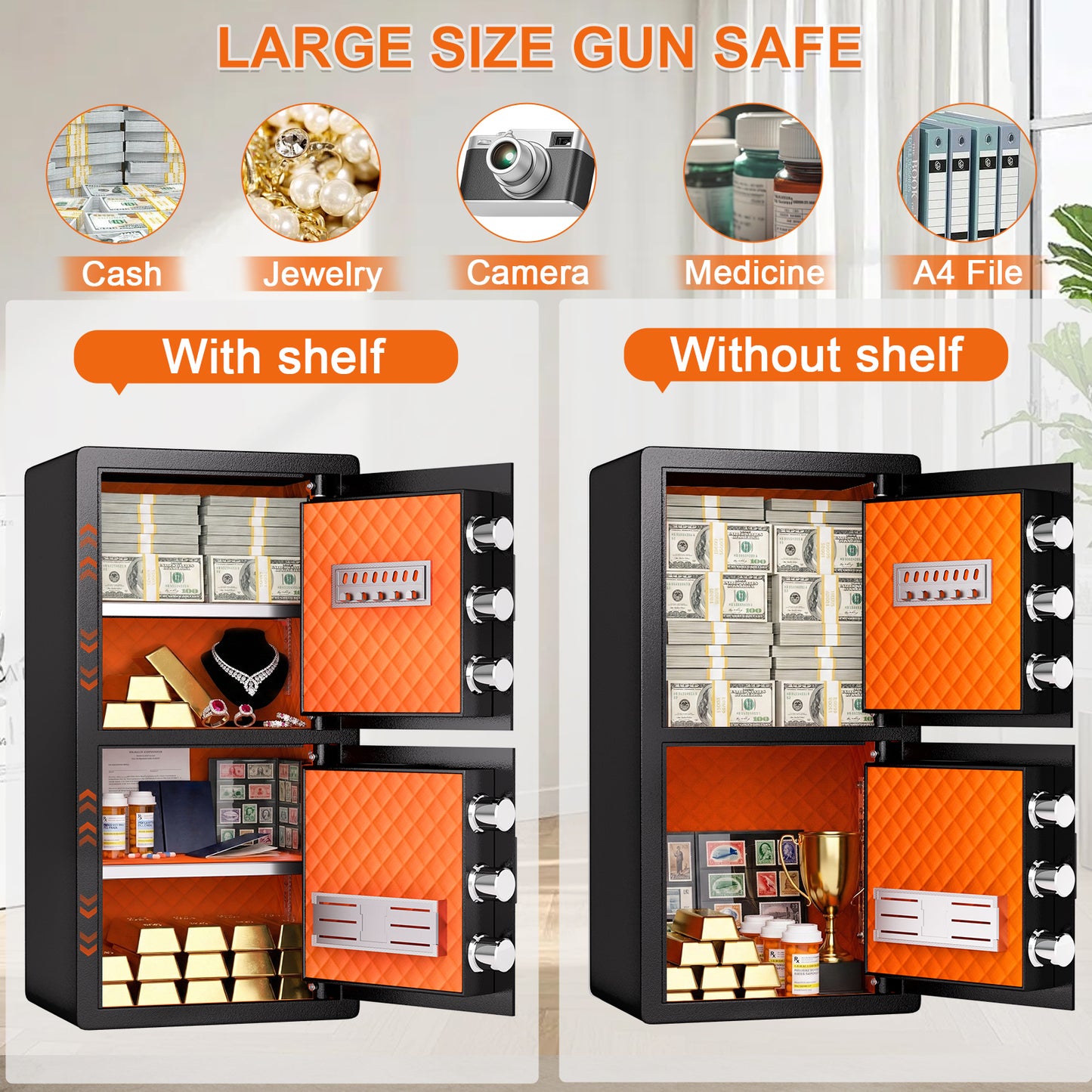 OME-Y3-75W Safe Box, Heavy Duty 2-Door Home Safe, 6.5 Cub Office Safe with Fingerprint Lock & Alarm System for Cash, Documents and Valuables