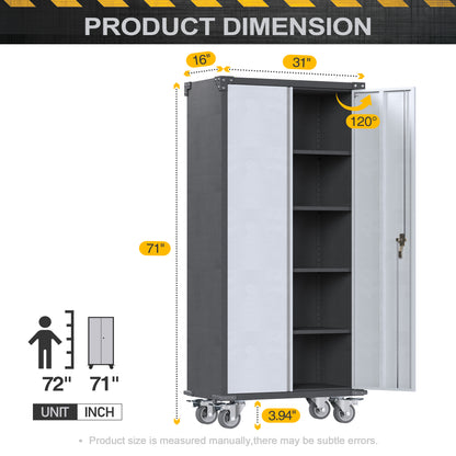Metal Garage Storage Cabinet on Wheels, Double Handle Lock Steel Storage Cabinet with 2 Doors, 4 Shelves Adjustable Black, Assembly Required