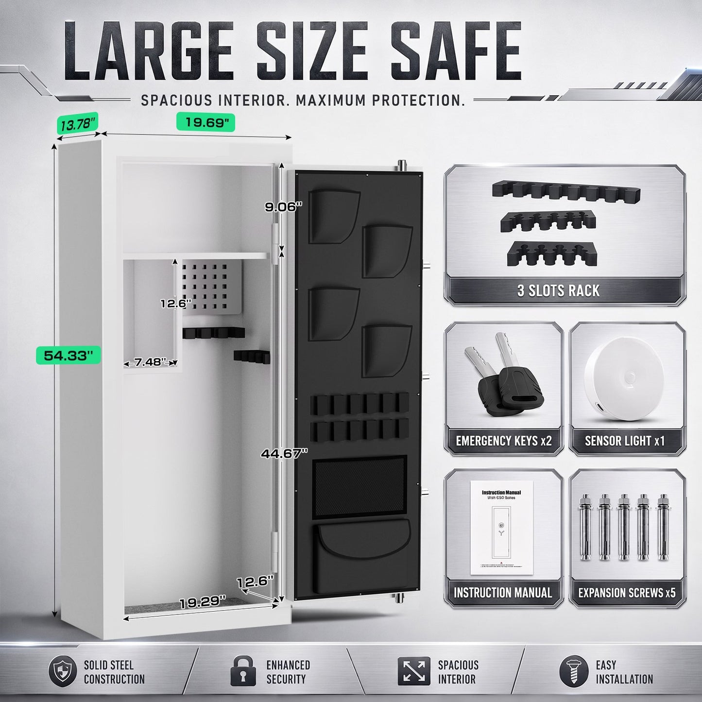 SDI-G6S-138BD, 15-20 Large Gun Safe, 54.33" Gun Safes & Cabinets with Removable Pegboard & Door Organizers, Gun Cabinet for Rifles and Pistols with Digital Keypad & Magnetic Lamp