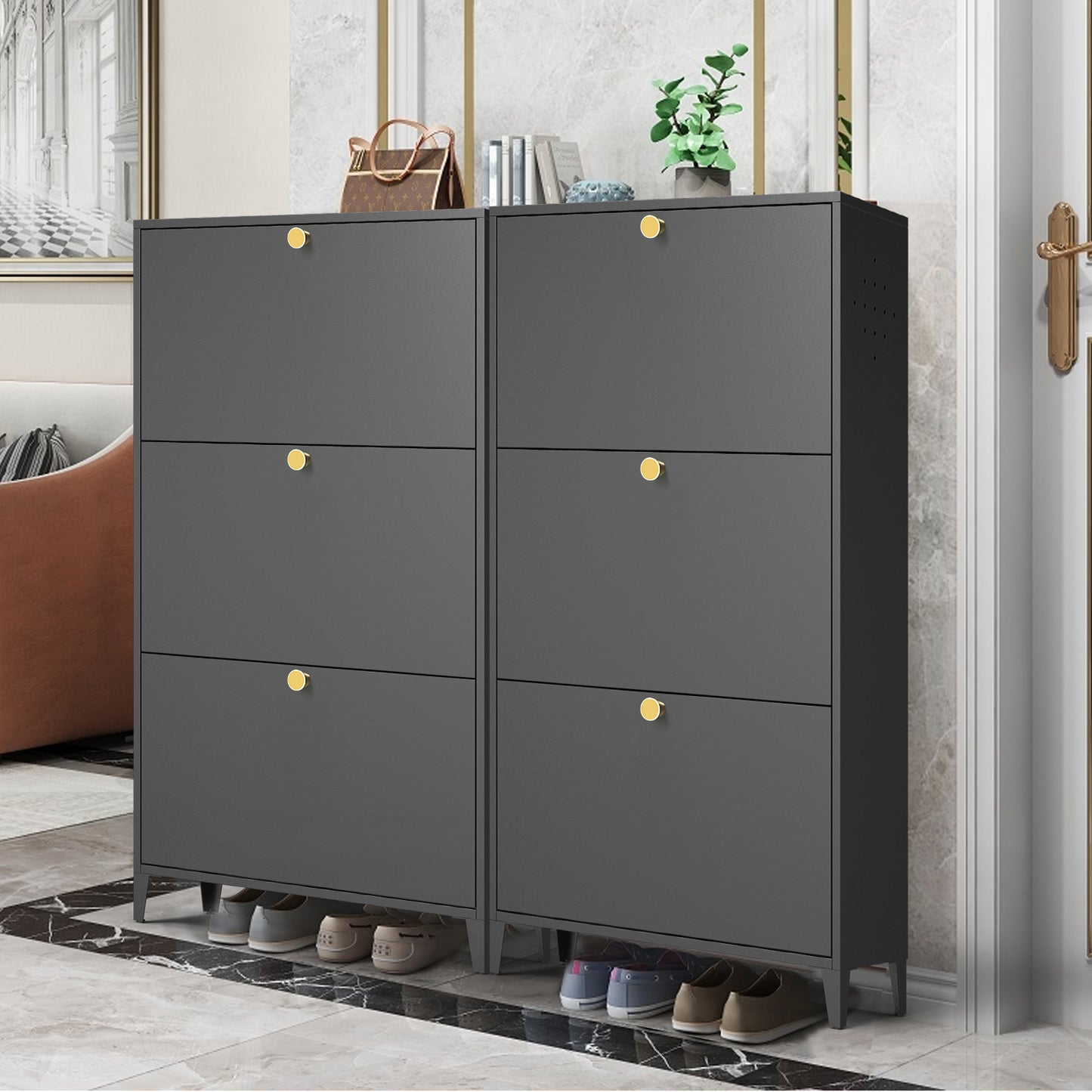 3 Drawer All Steel Shoe Cabinet, Freestanding Shoe Rack Storage Organizer with Flip Door, for Entryway, Hallway, Bedroom, Black (Requires Assembly)