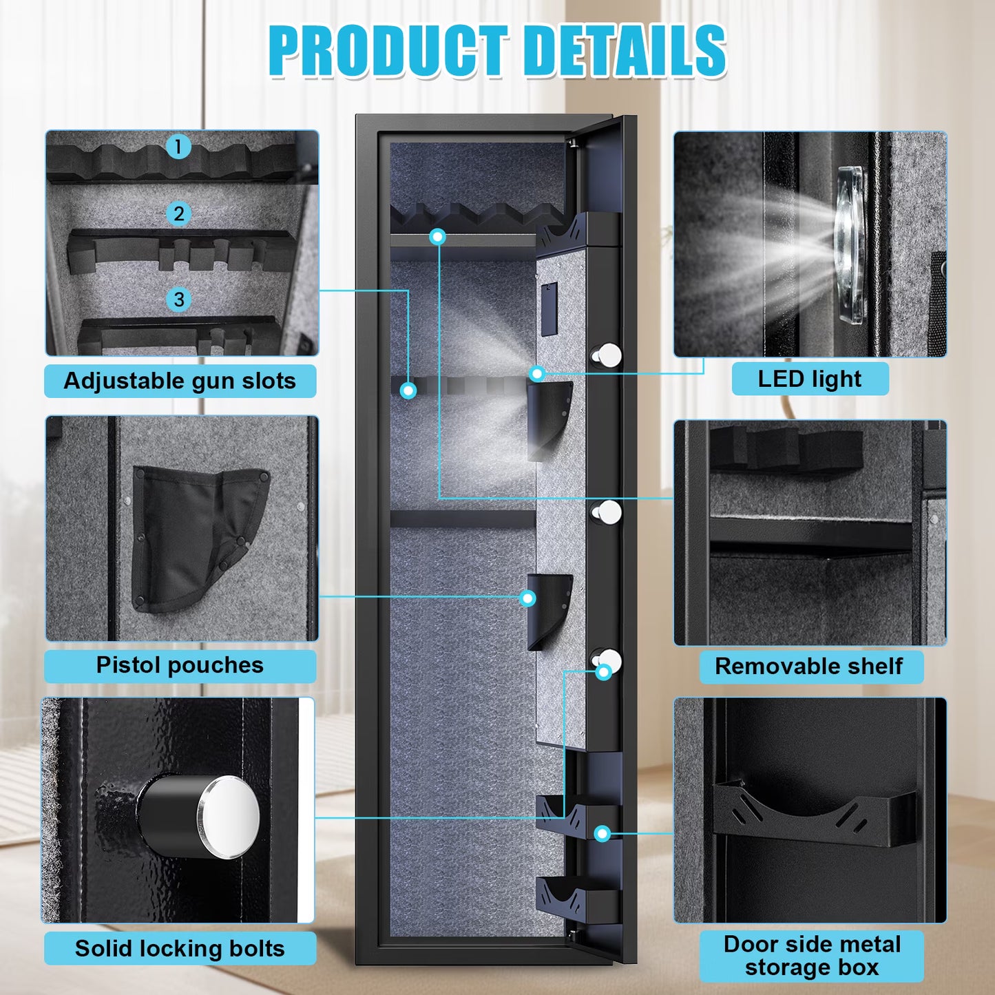 SDI-G2SQ-138W 5-10 Gun Safe, Biometric Long Gun Safes with Fingerprint, Digital Gun Safe with Backlit Keypad & LED Light, Gun Cabinet with 3 Adjustable Gun Slots, Removable Shelf, Ammo Box