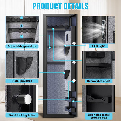 SDI-G2SQ-138W 5-10 Gun Safe, Biometric Long Gun Safes with Fingerprint, Digital Gun Safe with Backlit Keypad & LED Light, Gun Cabinet with 3 Adjustable Gun Slots, Removable Shelf, Ammo Box