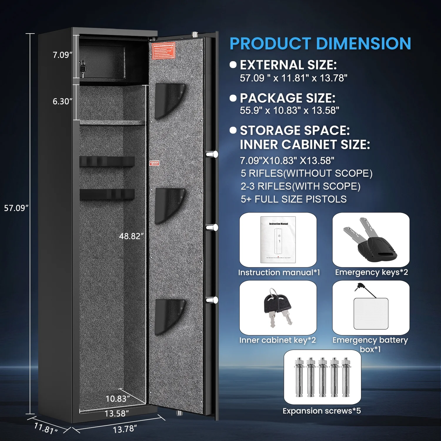 karbeen 57" Digital Keypad Gun Safe, Long Gun Safe for Home guns and Pistols, Quick Access 5 Fireproof Gun Safe with Mute Function, Gun Safe with LED Light, for Guns Shotguns Pistols