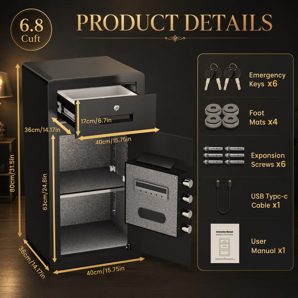 SDI-Y3C-80W 6.8 cu ft Extra Large Safe Box, Fingerprint Home Safe with Key, LCD Keypad & Hidden Compartment, Money Safe with Drawer & Jewerly Organizer for Home Office