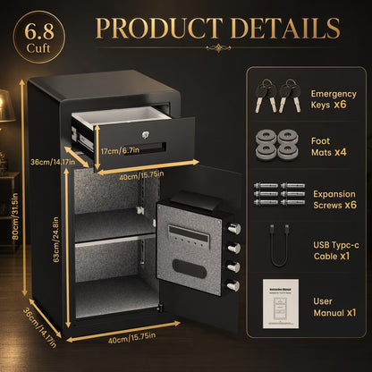 SDI-Y3C-80W 6.8 cu ft Extra Large Safe Box, Fingerprint Home Safe with Key, LCD Keypad & Hidden Compartment, Money Safe with Drawer & Jewerly Organizer for Home Office