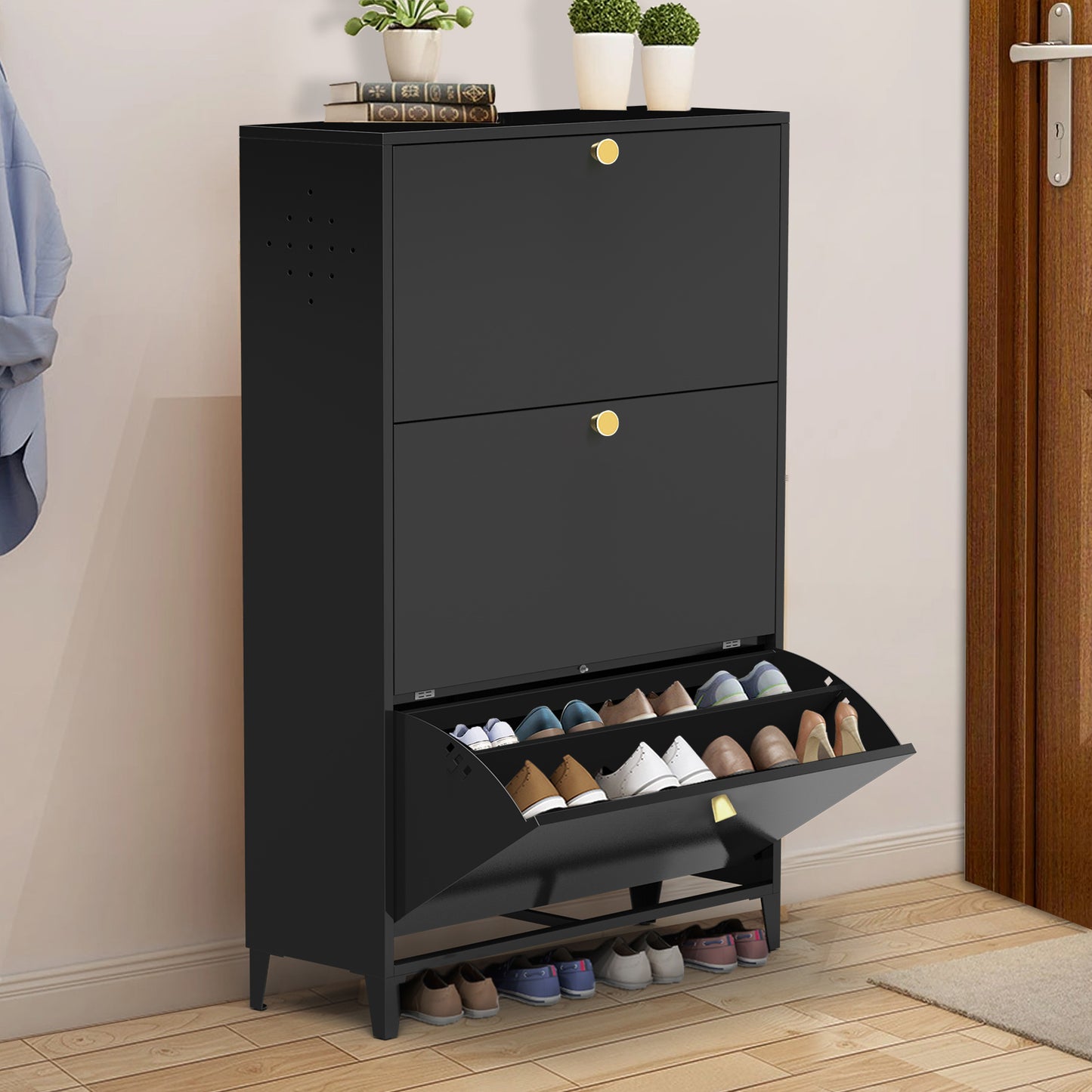 3 Drawer All Steel Shoe Cabinet, Freestanding Shoe Rack Storage Organizer with Flip Door, for Entryway, Hallway, Bedroom, Black (Requires Assembly)