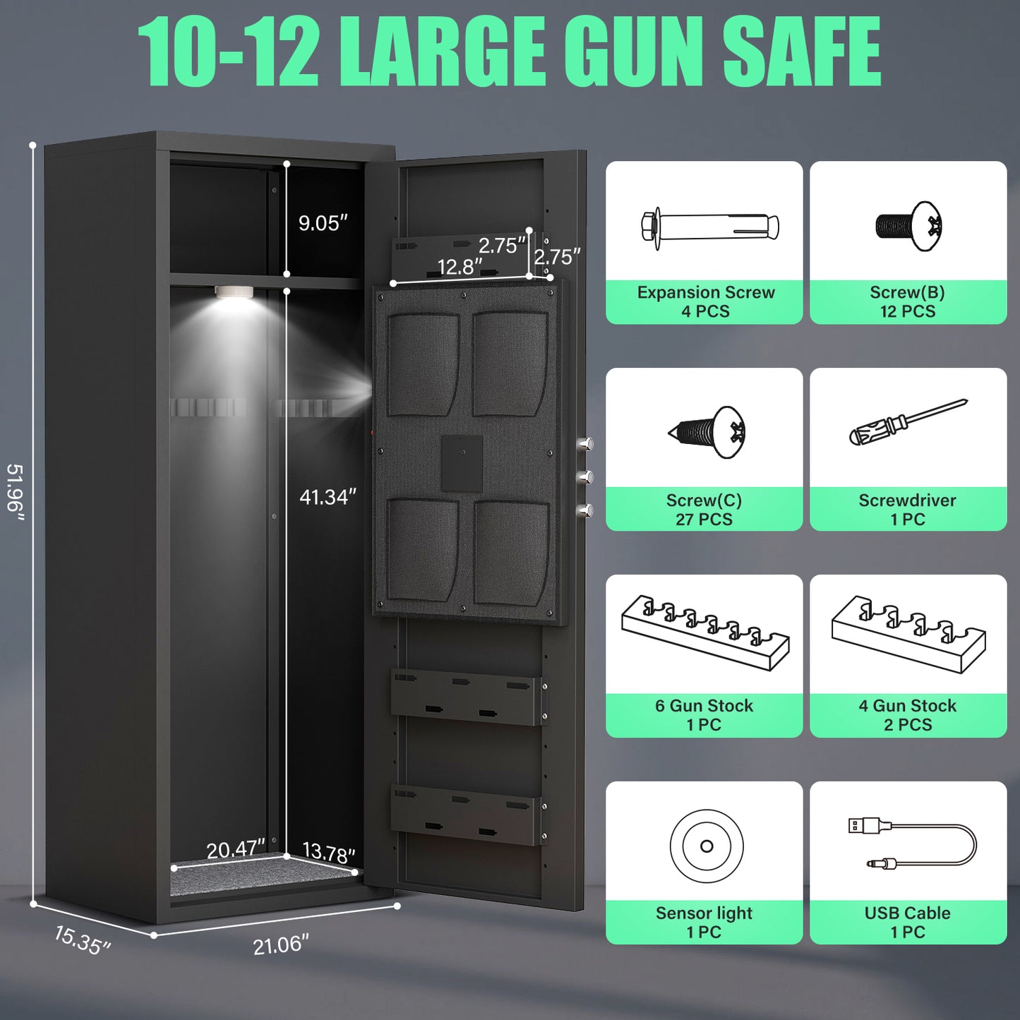 Gun Safe with Removable Shelf and 3 Magnetic Gun Slots, 10-12 Unassembled Large Gun Safe for Rifles and Pistols, Gun Cabinet with Magnetic Induction Light and Storage Bag