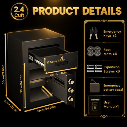 SDI-G3S-55C 2.4 cu ft Safe Box, Home Safe with Widened Frame Design & Drawer, Large Money Box with Key & Backlit Keypad & Adjustable Shelf, Lock Box for Home Office Documents