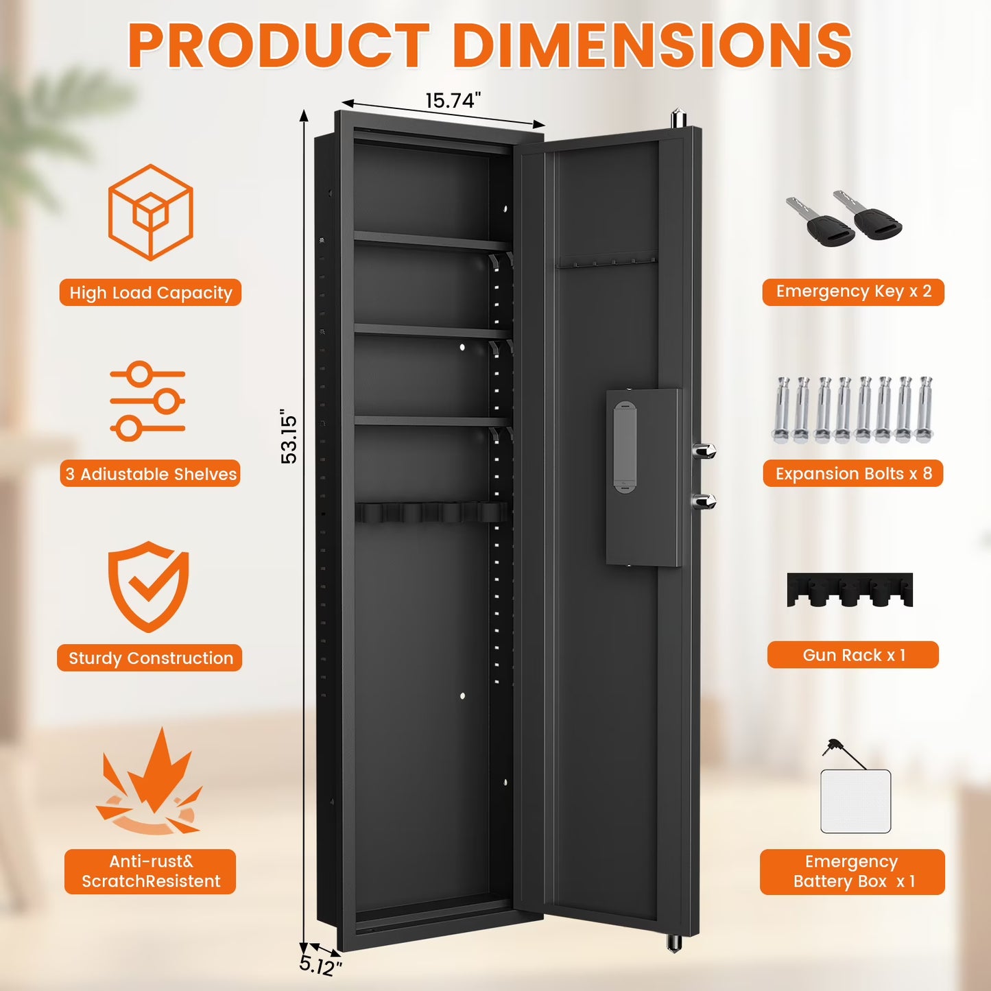 SDI-KW-135HW, 53.15" Wall Safe Between The Studs, Biometric Fingerprint Hidden Safe With Dual Alarm System And Silent Mode, Wall Gun Safe With 3 Adjustable Shelves And Magnetic Slot(fingerprint)