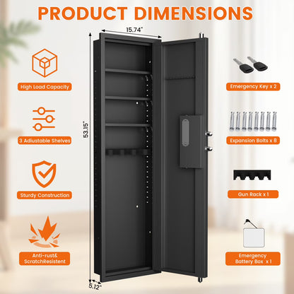 SDI-KW-135HW, 53.15" Wall Safe Between The Studs, Biometric Fingerprint Hidden Safe With Dual Alarm System And Silent Mode, Wall Gun Safe With 3 Adjustable Shelves And Magnetic Slot(fingerprint)