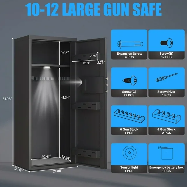 35-Omethey 10-12 Gun Safe，Large Unassembled Gun Safes for Home Guns and Shotgun，Shotgun Safe with Mute Function & Backlit Keypad，Gun Cabinet with Adjustable Ammo Box