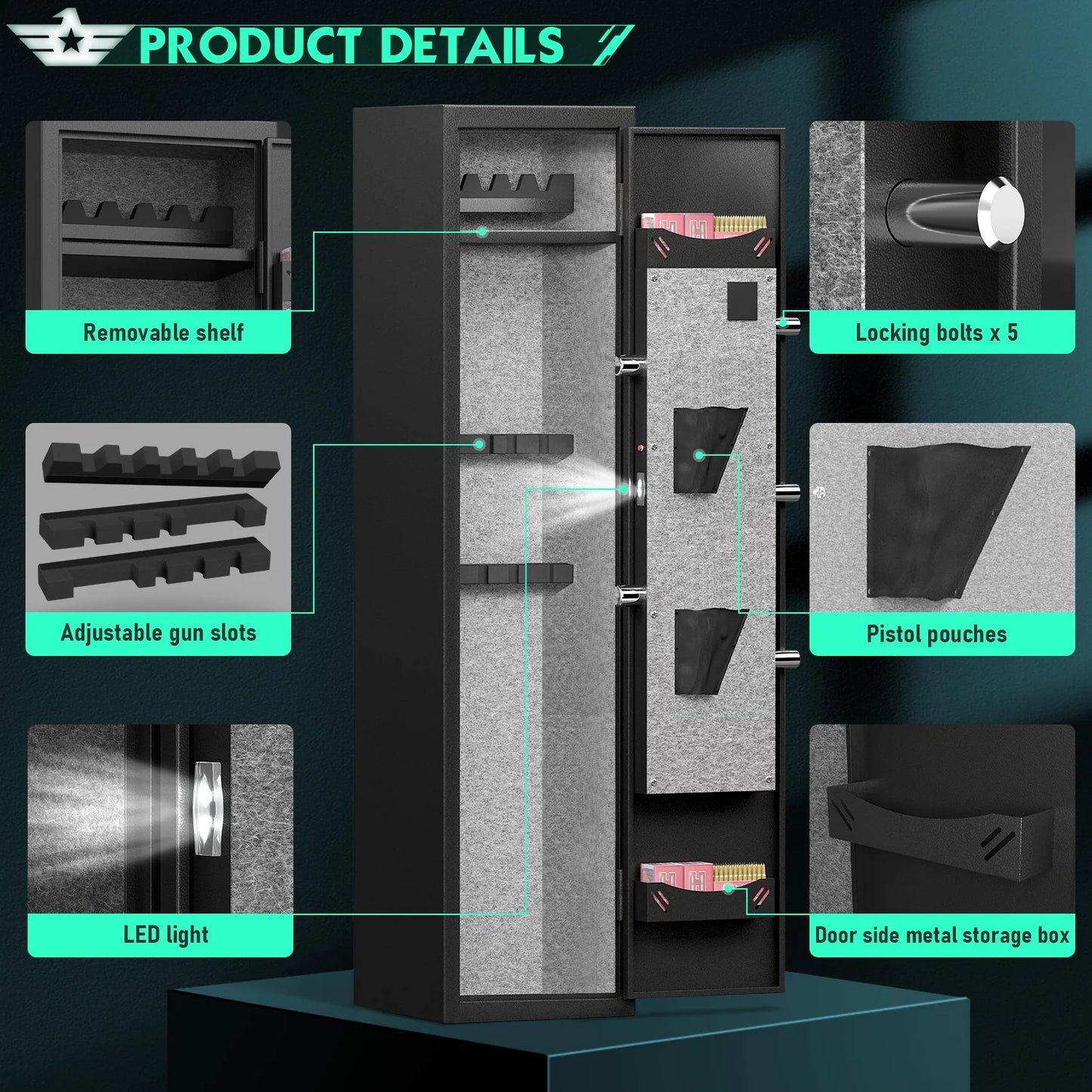 Riflevault 3-5 Gun Safe for Shotguns and Pistols, Quick Access Gun Cabinets with Adjustable Gun Racks and Removable Shelf