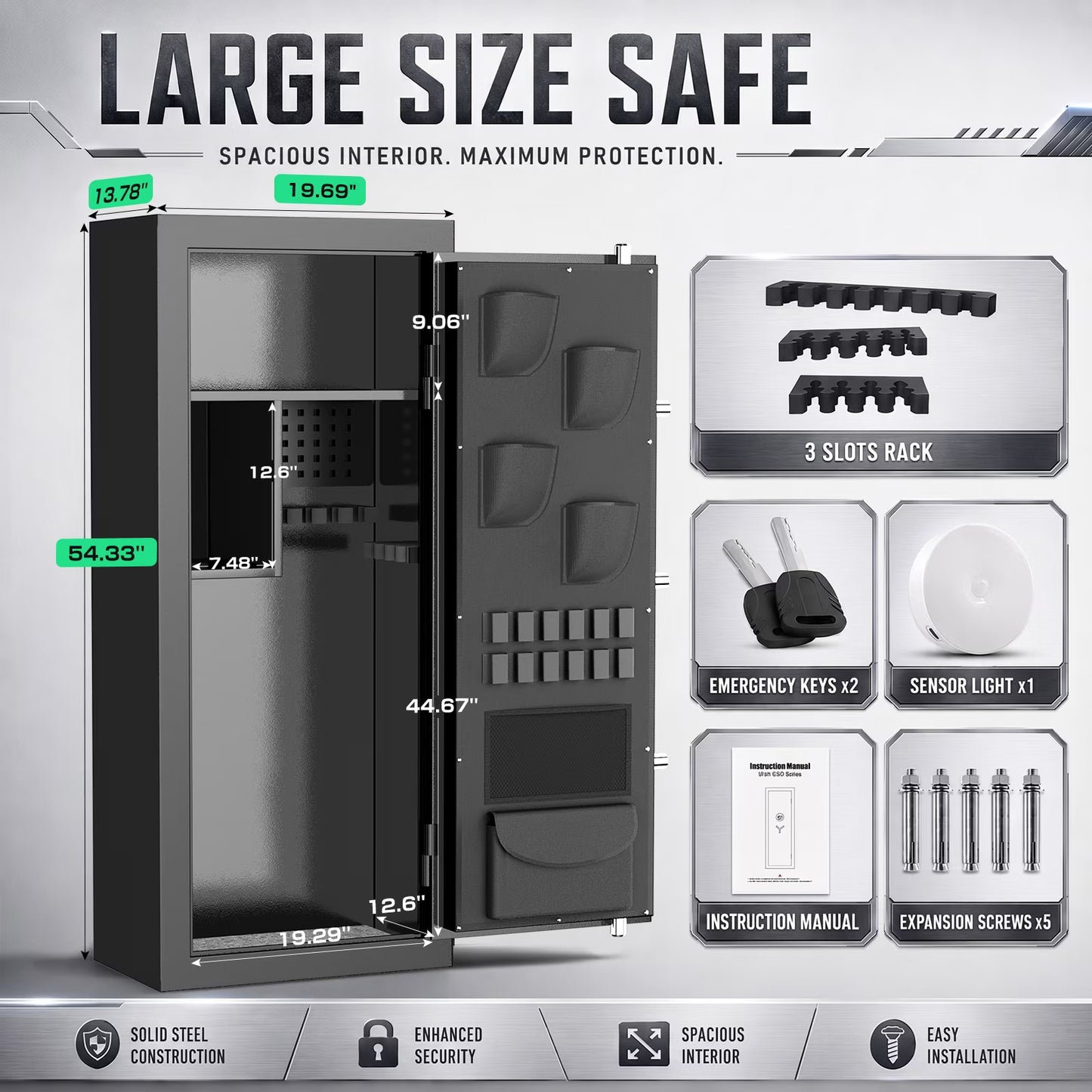 SDI-G6S-138HD, 15-20 Large Gun Safe, Digital Gun Safe for Rifles and Pistols with Removable & Adjustable Pegboard, Gun Safes & Cabinets with Door Organizers & 3 Gun Raks, Magnetic Lamp