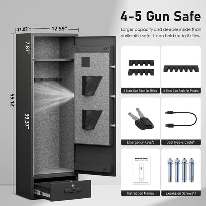Omethey GKM-140D Gun Safe, 3-5 Gun Safe for Home Pistol, Quick Access Long Gun Safe with LED Light，Adjustable Gun Rack and Removable Shelf