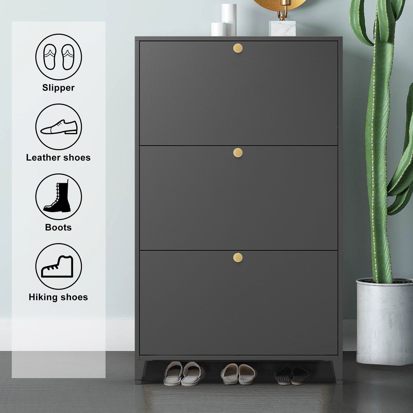 3 Drawer All Steel Shoe Cabinet, Freestanding Shoe Rack Storage Organizer with Flip Door, for Entryway, Hallway, Bedroom, Black (Requires Assembly)