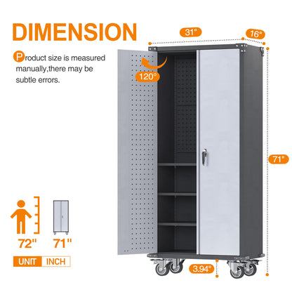 71'' Tall Metal Storage Cabinet with Wheels, Hanging Holes on the Door,Rolling Garage Storage Cabinet, Lockable Steel Tool Cabinet with Adjustable Shelve for Office, Basement, Pantry, Workshop