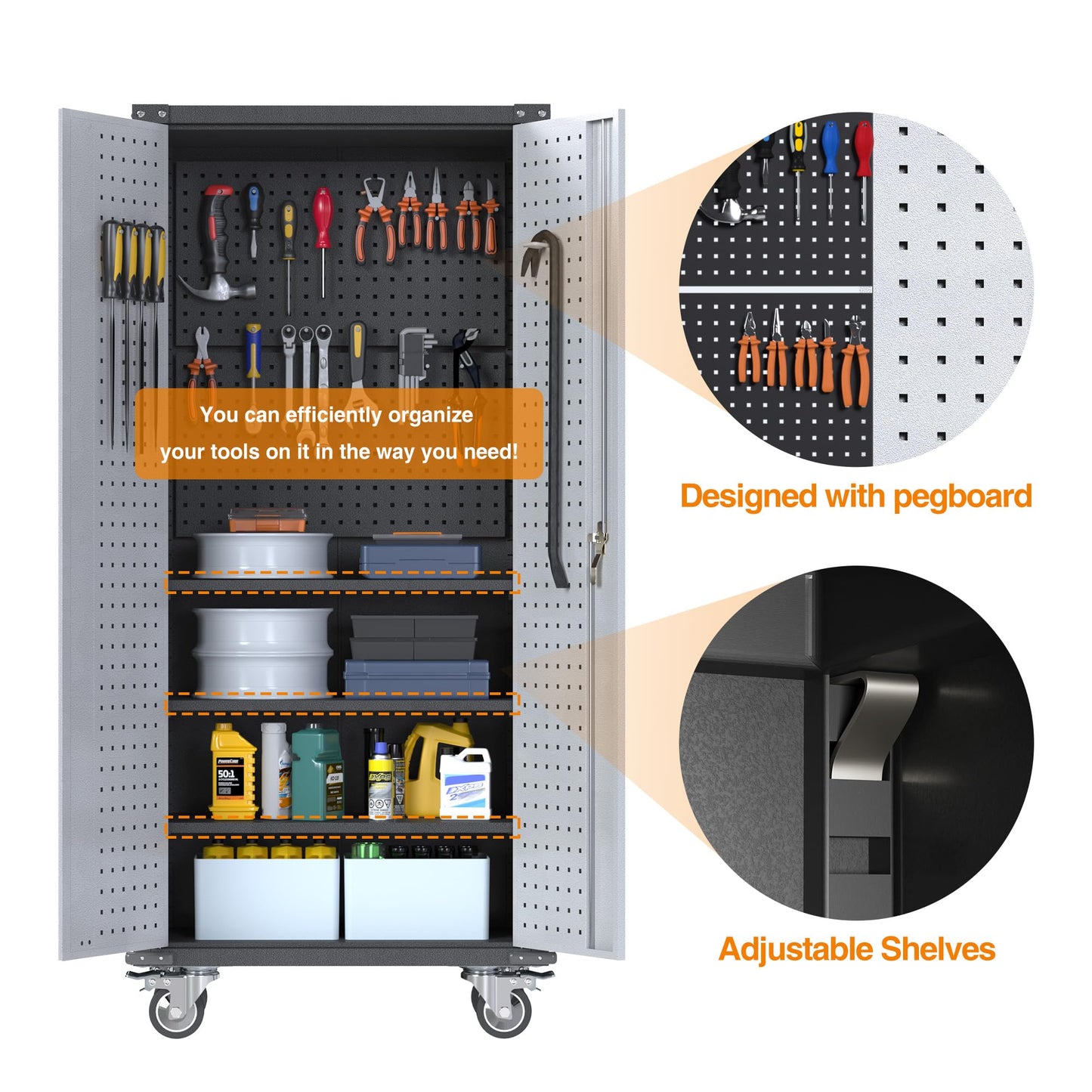 71'' Tall Metal Storage Cabinet with Wheels, Hanging Holes on the Door,Rolling Garage Storage Cabinet, Lockable Steel Tool Cabinet with Adjustable Shelve for Office, Basement, Pantry, Workshop