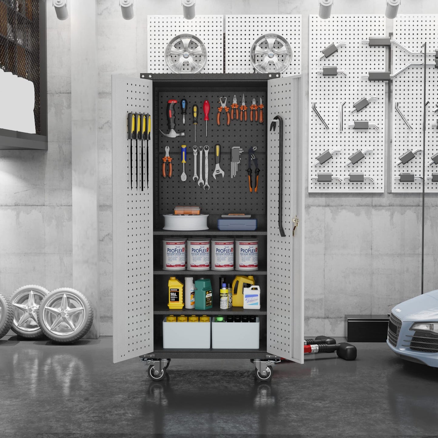 71'' Tall Metal Storage Cabinet with Wheels, Hanging Holes on the Door,Rolling Garage Storage Cabinet, Lockable Steel Tool Cabinet with Adjustable Shelve for Office, Basement, Pantry, Workshop