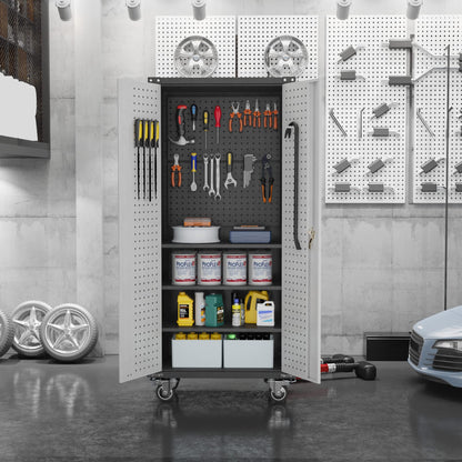 71'' Tall Metal Storage Cabinet with Wheels, Hanging Holes on the Door,Rolling Garage Storage Cabinet, Lockable Steel Tool Cabinet with Adjustable Shelve for Office, Basement, Pantry, Workshop