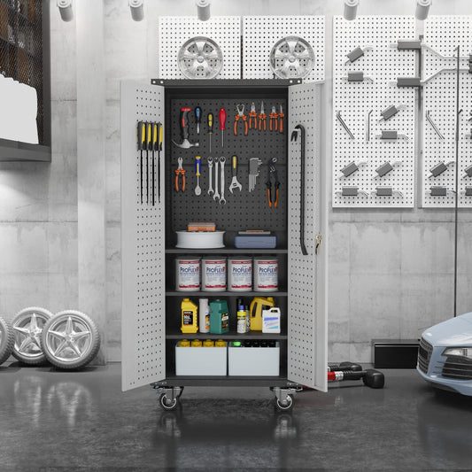 71'' Tall Metal Storage Cabinet with Wheels, Hanging Holes on the Door,Rolling Garage Storage Cabinet, Lockable Steel Tool Cabinet with Adjustable Shelve for Office, Basement, Pantry, Workshop
