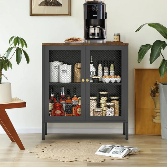 Storage Cabinet ，Accent Cabinet with Adjustable Shelves，Wood Tabletop，Rustic Brown and Black，Display Cabinet for Entryway，Living Room，Dining Room