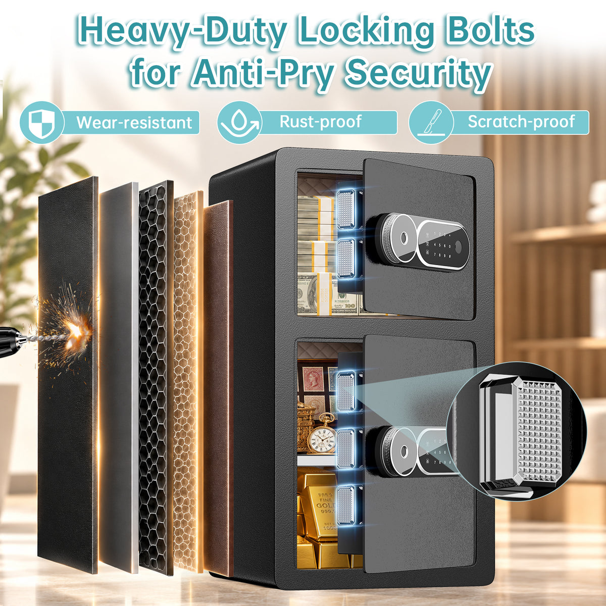 KAV-KJ-65W Kavey 6.0 Cu Ft Biometric Fingerprint Safe with Tuya App, Large Home Safe with 60 mm Locking Bolts, Adjustable Shelf